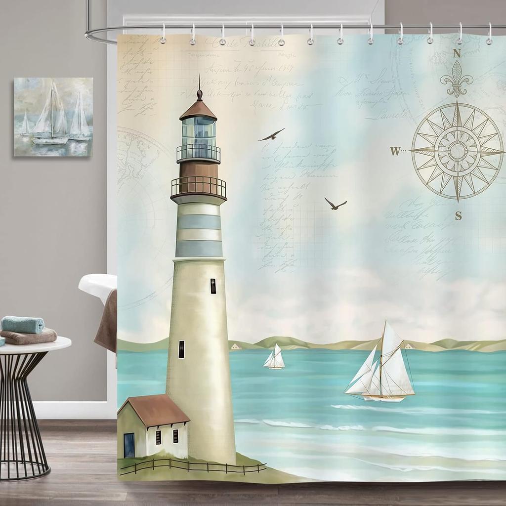 Lighthouse Shower Curtain, Nautical Coastal Sailboat Compass Bathroom DecorPolyester Fabric Waterproof Bath Curtain with 12Hoo