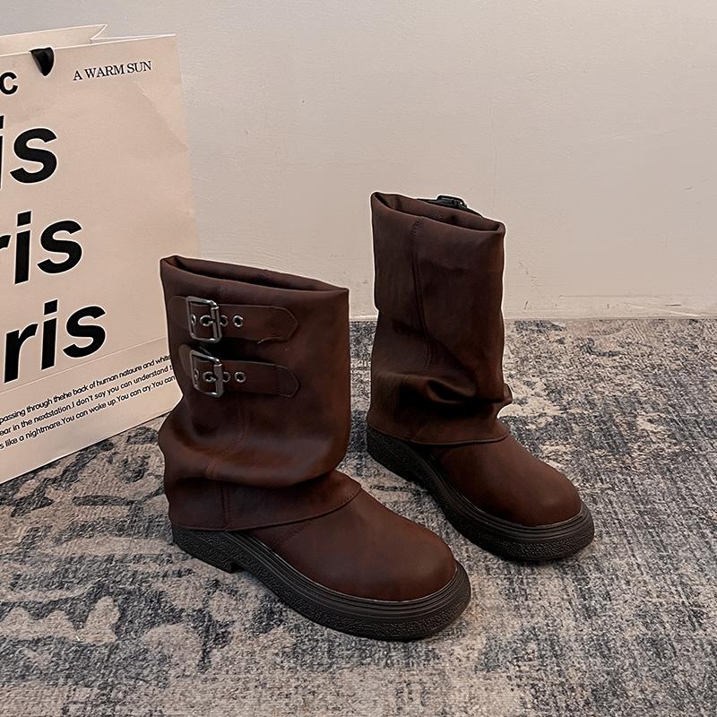 

Vintage Belt Buckle Women Pipe Ankle Boots Concise Square Low Heels Shoes Street Style Banquet Party Short Botas Mujer 35