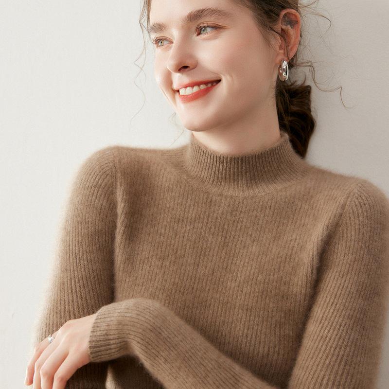 Women's Slim Fit Cashmere Pullover - Half-High Neck Sweater for Autumn and Winter