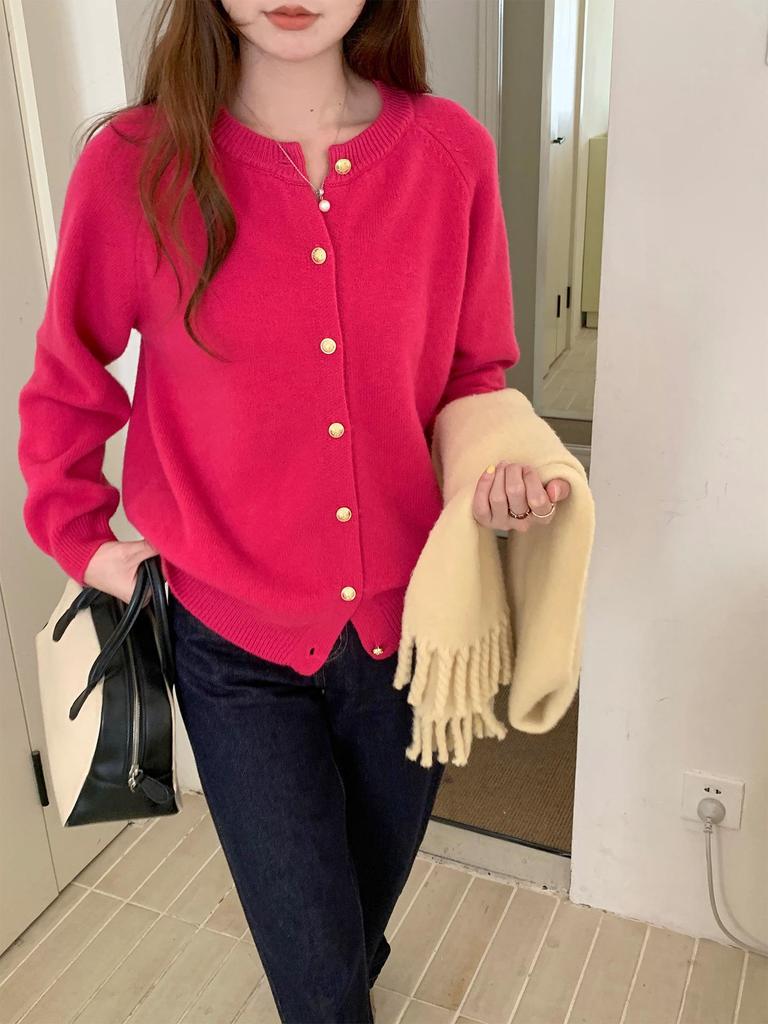 Gold Buckle Raglan Sleeve Wool Cardigan - Women's Pure Color Loose Knit, Long Sleeve Sweater Outerwear for Autumn-Winter.