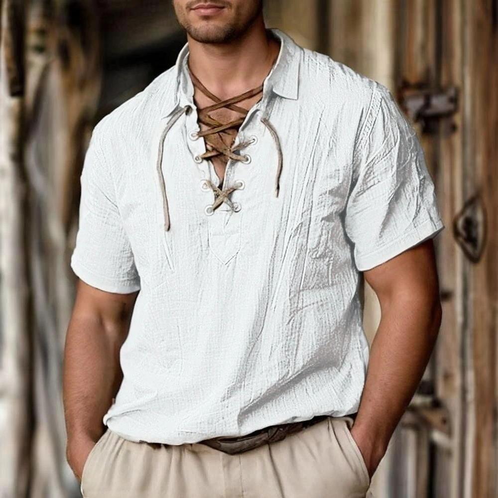 Men's Linen Shirts Long and Short Sleeved Lace Up V Neck Casual Blouse Spring Summer Thin Front Tees Tops Breathable Men Clothing