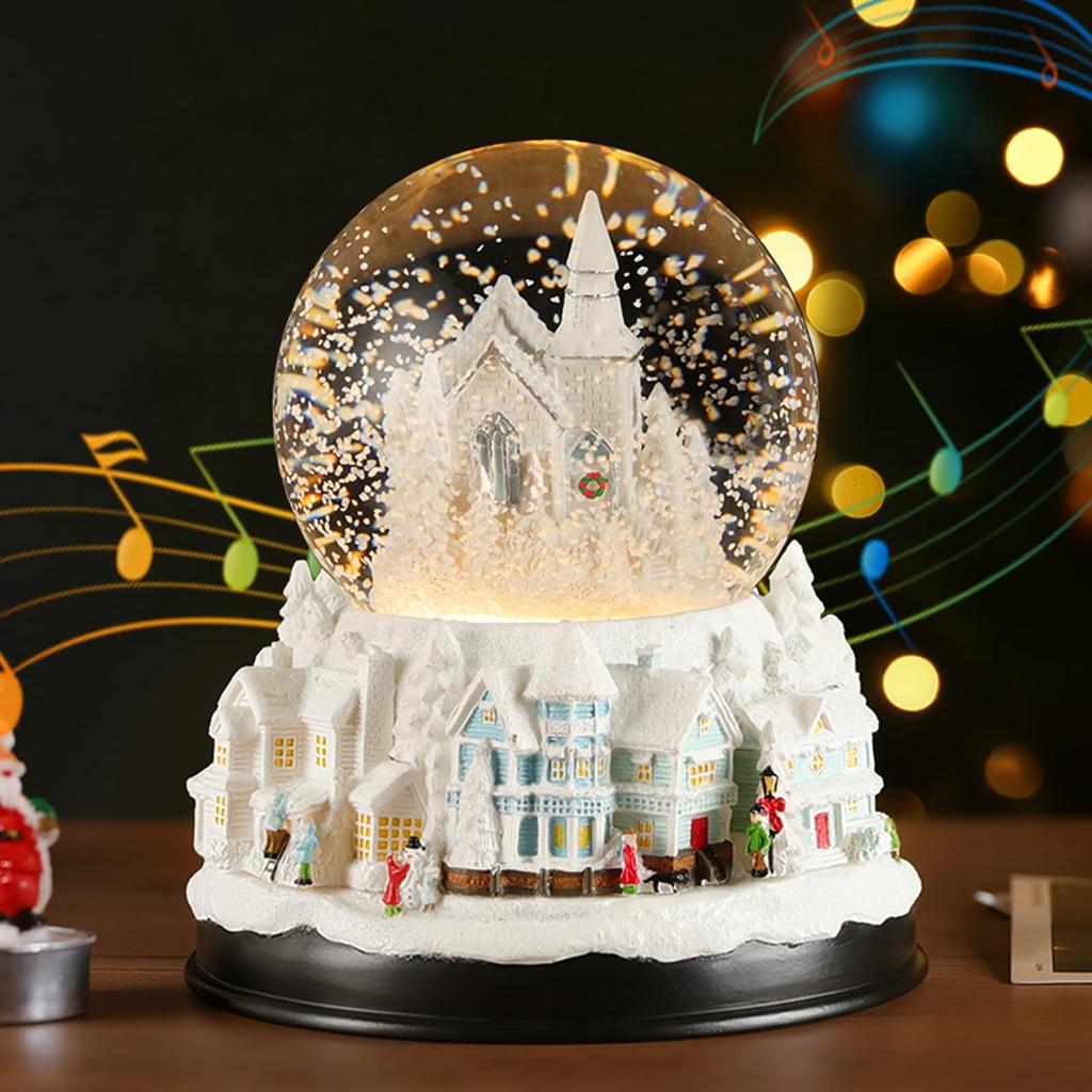 Lewondr Snow Globe with LED Christmas Home Winter Town Built-in Lights, Ornament, Decor,