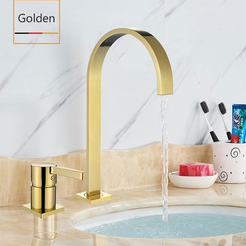 

Смеситель для раковины в ванной комнате, черный матовый золотой, поворотный на 360 градусов излив, однорычажный смеситель для горячей и холодной воды, кран-водопад для раковины золотистый