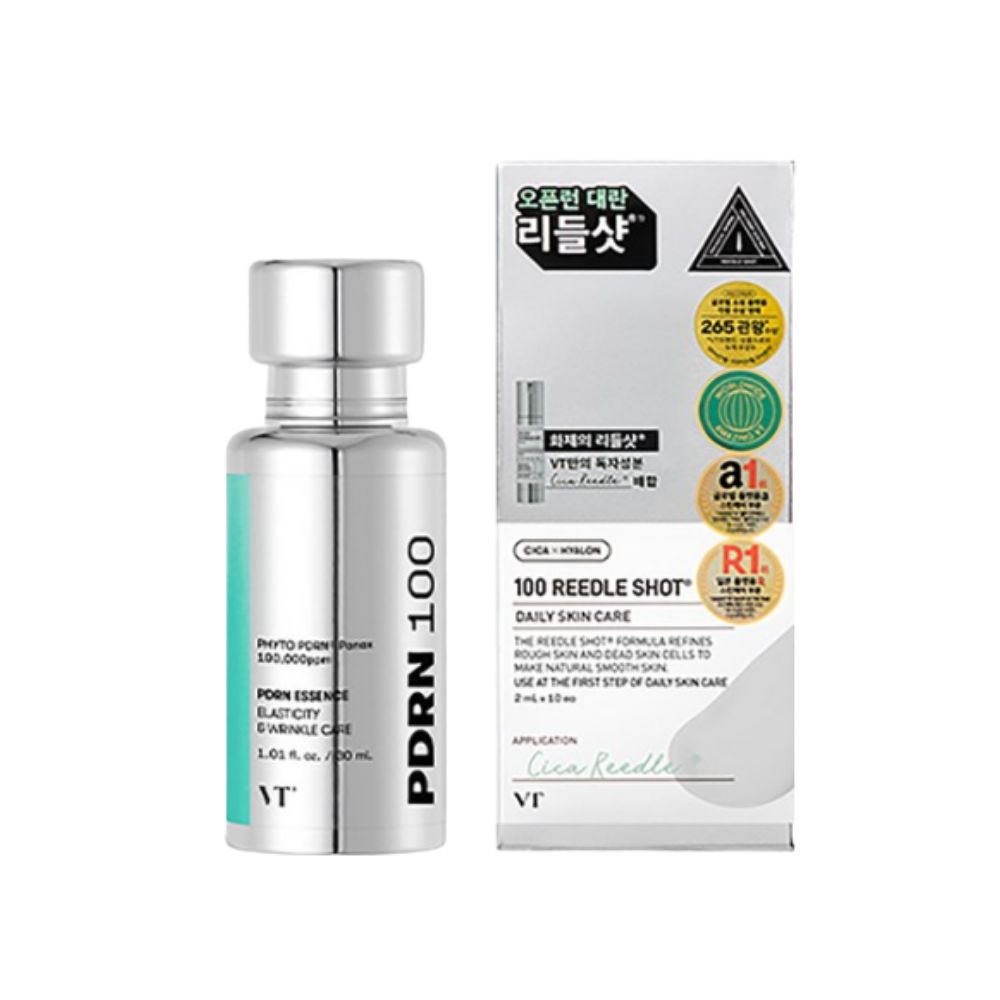 

VT Cosmetics PDRN 100 Essence + Reedle Shot Stick Pouch Set Skin Vitality & Texture Care 30ml + 2ml × 10