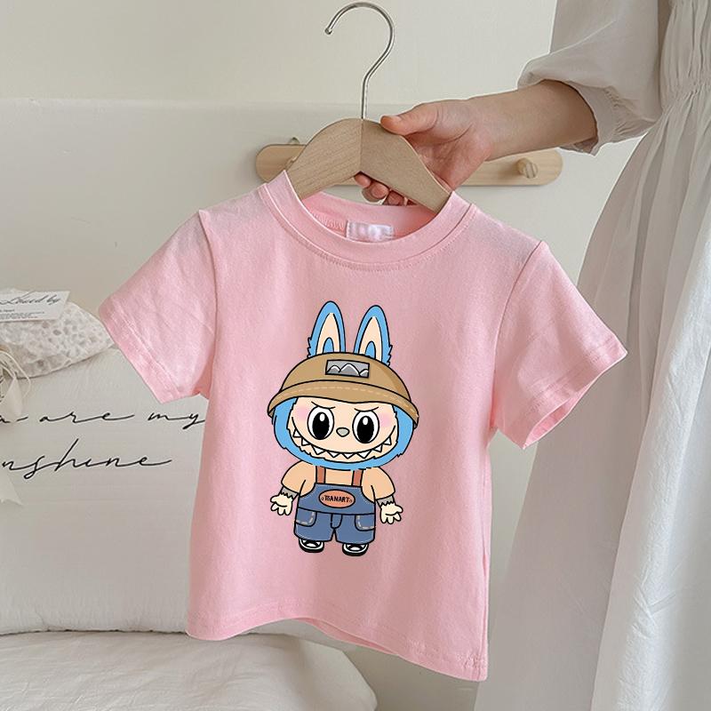 Labubu Children's Pink T-shirt Cartoon Anime Summer Short Sleeved Girl Fashion Cute Top
