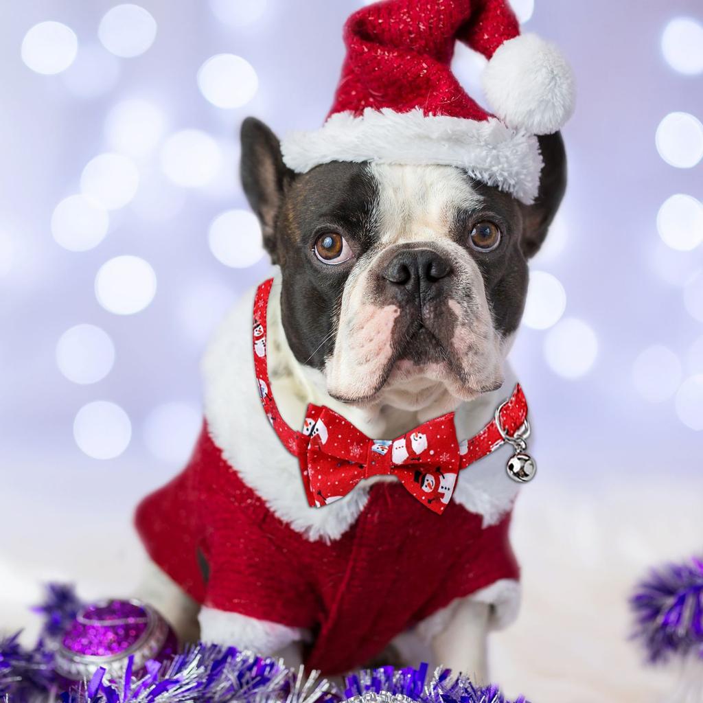 Pet Christmas Theme Print Collar With Removable Bow Tie And Bell Breakaway Buckle Safety For Puppy- Cute Pet Supplies