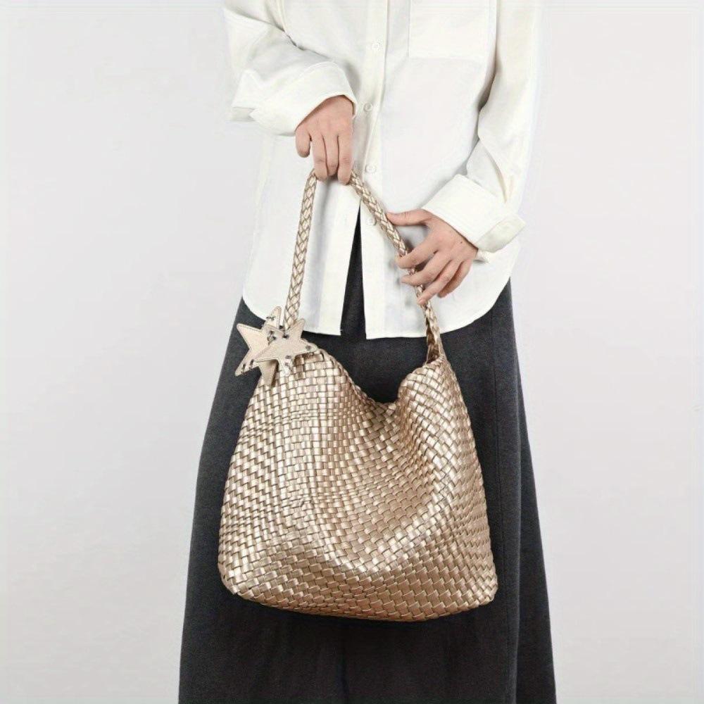 1 Stuk Champagne Super Vuur Geweven Tote Tas Dames Grote Capaciteit Grote Tas High-End Gevoel Draagbare Schouder Emmer Tas