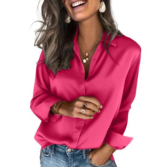 Women Satin Shirt Pure Color Loose Fit Imitation Silk Shirt Lapel Long Sleeve Buttons Placket Tops Business Casual Daily Wear