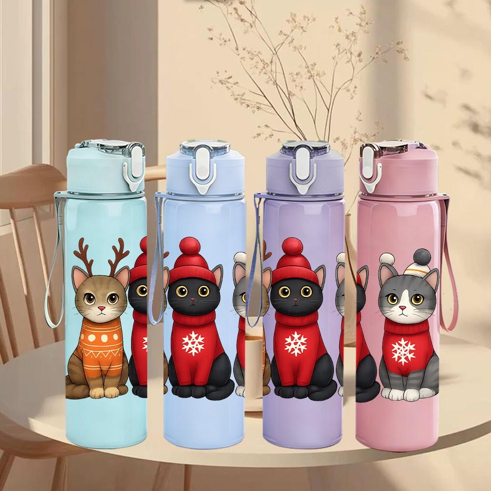 1PC Three Cat Winter Scarf Art 750ml Color Plastic Sports Water Bottle Leakproof Flip Straw Lid Suitable for Sports Office Home Use
