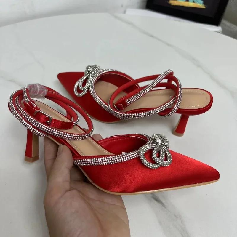 Fashion Diamond Chain Sandals Womens 2025 Party Women Pumps Sexy Pointed Toe Wedding Bridal Stilettos Summer 6cm High Heels Shoes