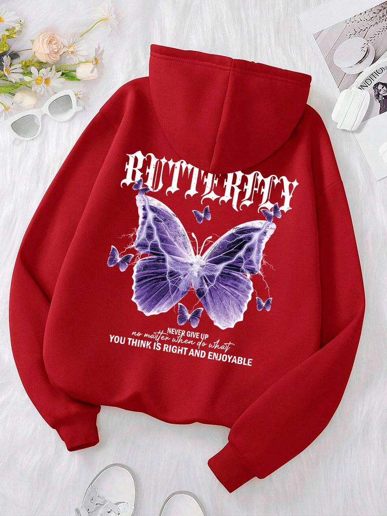 Beautiful Purple Butterfly Printing Hoodies Women Fleece Pocket Hoody Simple Casual Hoodie Autumn Loose Female Streetwear