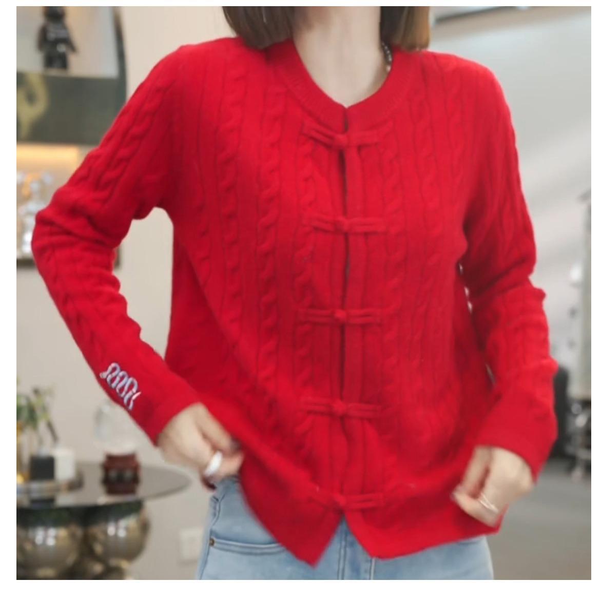 

Весенний вязаный кардиган на пуговицах в виде красной лягушки 2025 - Женский в китайском стиле, свободный повседневный топ с длинным рукавом One Size красный