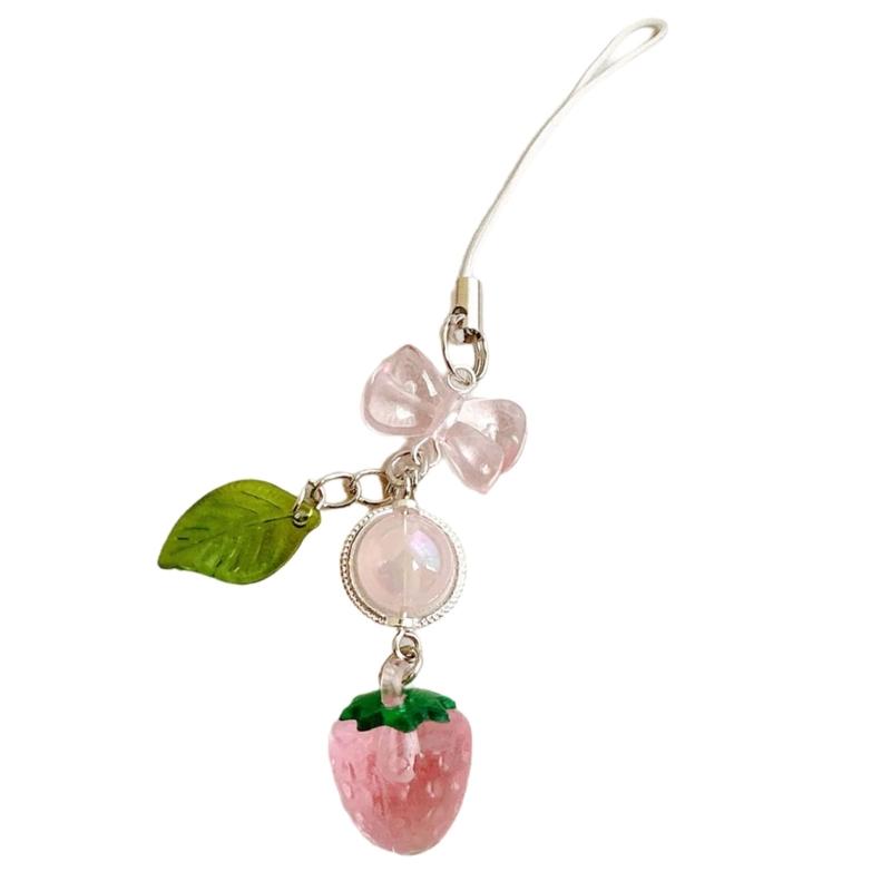 Stylish Acrylic Strawberry Green Leaf Phone Strap Mobile Hanging Decoration Charm for Decorative Fashion Use