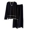 Women's Two-piece Set With Contrasting Color Edges U-shaped Collar Long Sleeved Knitted Sweater Split Wide Leg Pants