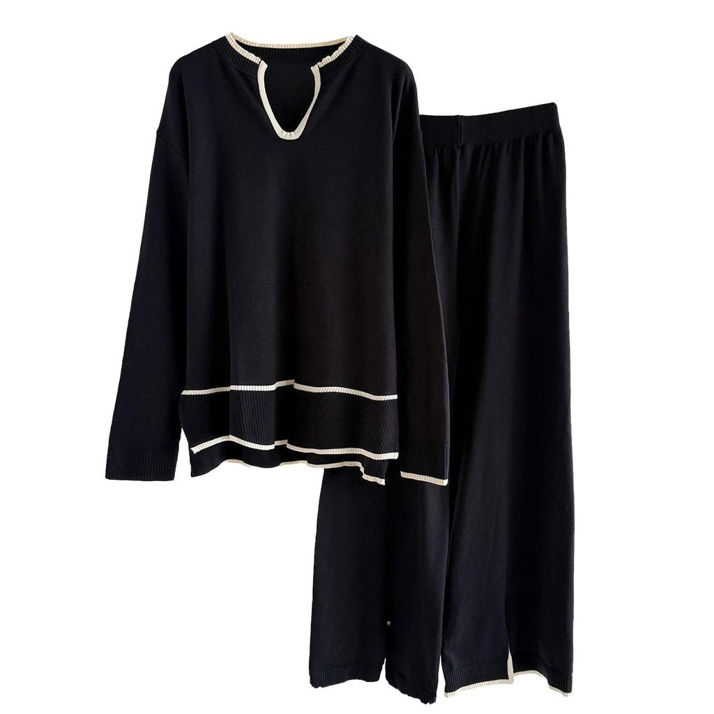 Women's Two-piece Set With Contrasting Color Edges U-shaped Collar Long Sleeved Knitted Sweater Split Wide Leg Pants