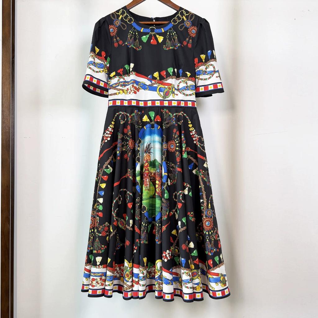 Marka Fashioni Letnia Vintage Sukienka Midi Damska Krótki Rękaw Okrągły Dekolt Empire Kwiatowy Wzór Długa Sukienka na Plażę Imprezę Wieczorową