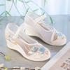 New Woman's Thick Sole Shallow Cloth Shoes Breathable Mesh Hollowed Retro Sloping Heel With Raised Embroidered Shoe Nude Shoes