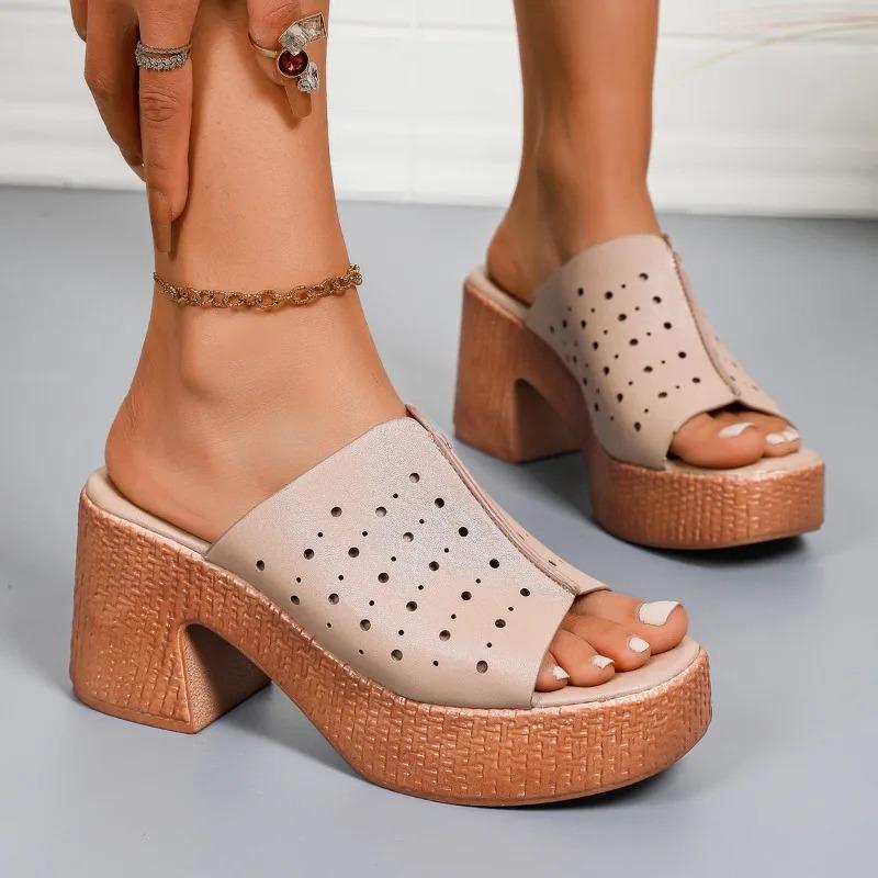 Women's High Heels Slippers Fashion Open Toe Platform Sandal Summer Hollow Out Leather Slippers Lightweight High Heelsed Sandals