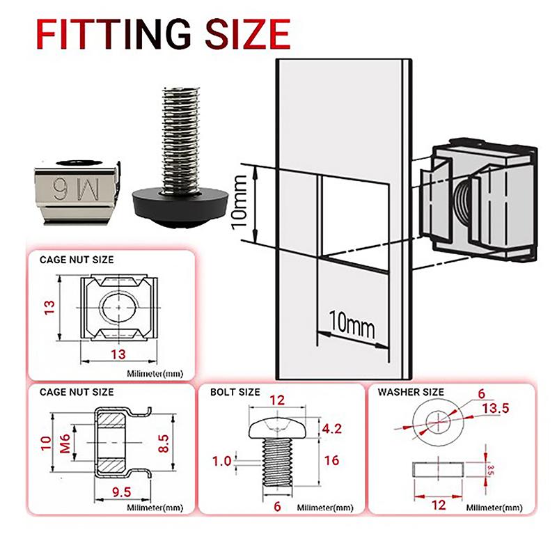 10Pcs M6 X 16Mm Rack Mount Cage Nuts, Screws And Washers For Rack Mount Server Cabinet, Rack Mount Server Shelves, Routers