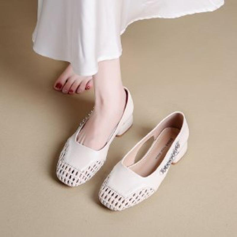 Fashion 2025 Spring and Autumn Woven Sandals Women's New Versatile Hollow Block Heel Single Shoes