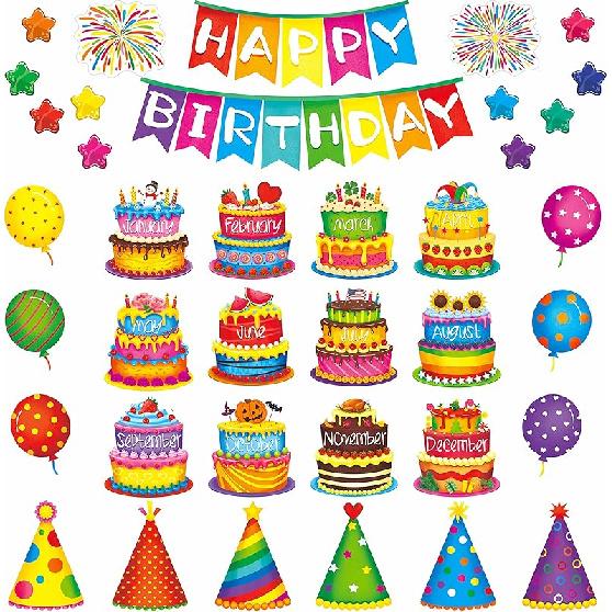 39 PCS Happy Birthday Bulletin Board Set, Colorful Birthday Decoration Cakes, Stars, Firework, Balloon, Party Hats Cut-Outs Classroom Decorations