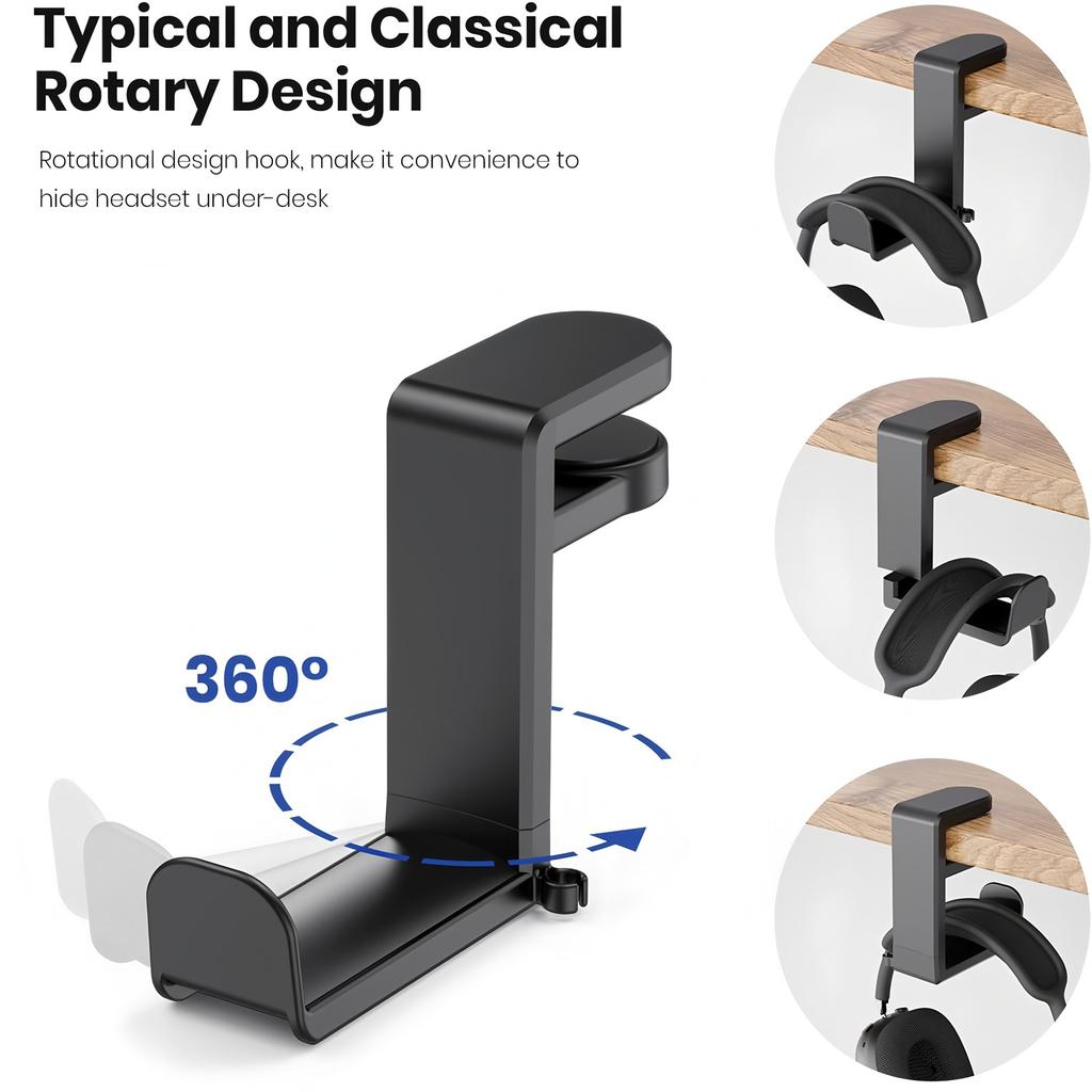 360° Rotating Headphone Stand PC Gaming Headphone Desktop Hook and Cable Clamp Headphone Stand