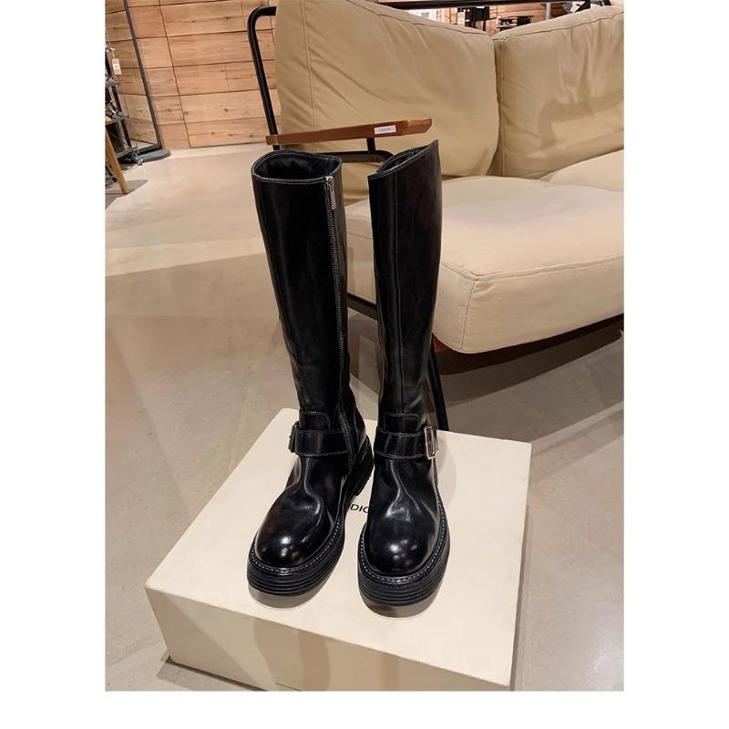 Washed cowhide real locomotive knight boots thick-soled belt buckle short boots women's locomotive boots retro Martin boots