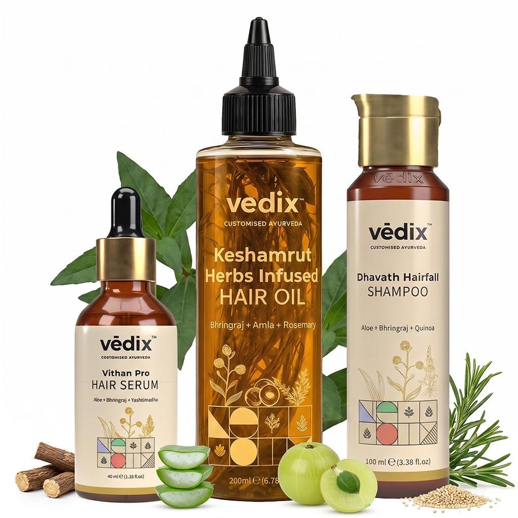 Combo Vedix Keshamrut per la Cura dei Capelli con Olio per Capelli Infuso di Erbe Keshamrut, Shampoo Davath contro la Caduta dei Capelli e Siero Vithan Pro per la Crescita dei Capelli (100 ml + 200 ml