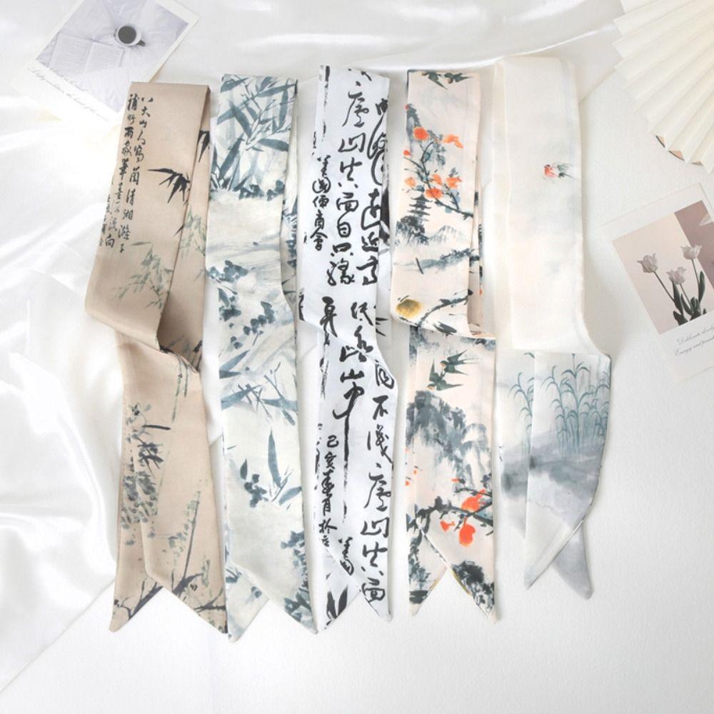 Ribbon Ink Painting Silk Scarf Long Ancient Hair Band Elegant Ribbon Headband  Lady