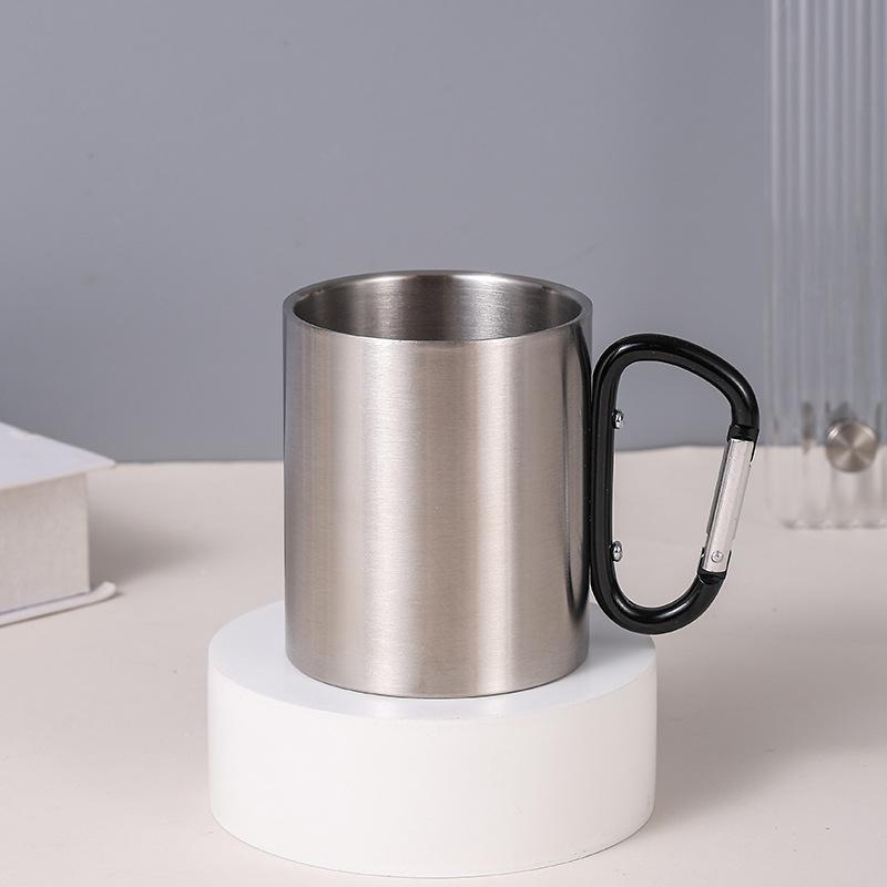 Stainless Steel Mountaineering Water Cup Button Coffee Camping Mug With Carabiner Handle Climbing Hiking Backpacking Travel Cups