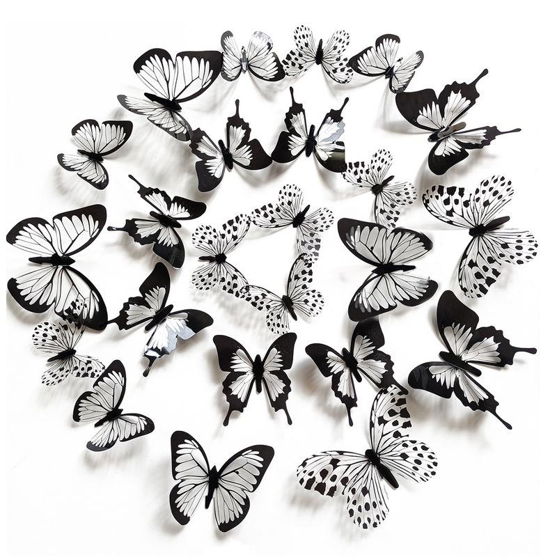 24 Pcs/set Black White 3D Butterfly Wall Sticker Wedding Decoration Bedroom Living Room Home Decor Butterflies Decals Stickers