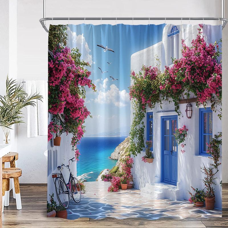 Greek Mediterranean Shower Curtain Purple Flowers Blue Door Window White Architecture Nature Landscape Bathroom Curtains Decor