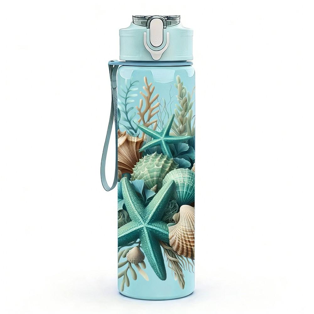 1PC Seashell Coral Ocean Collection 750ml Color Plastic Sports Water Bottle Leakproof Flip Straw Lid Suitable for Sports Office Home Use