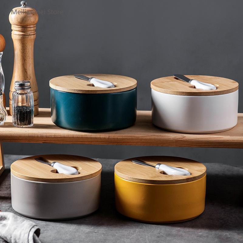6 Inch Ceramic Butter Box with Lid Sealed Box Household Round Butter Boxs with Knife Butter Dish Cheese Boxs Kitchen Tableware