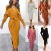Elegant Women Winter Deep V-neck Knitted Sweater Dress With Cozy Long Sleeves