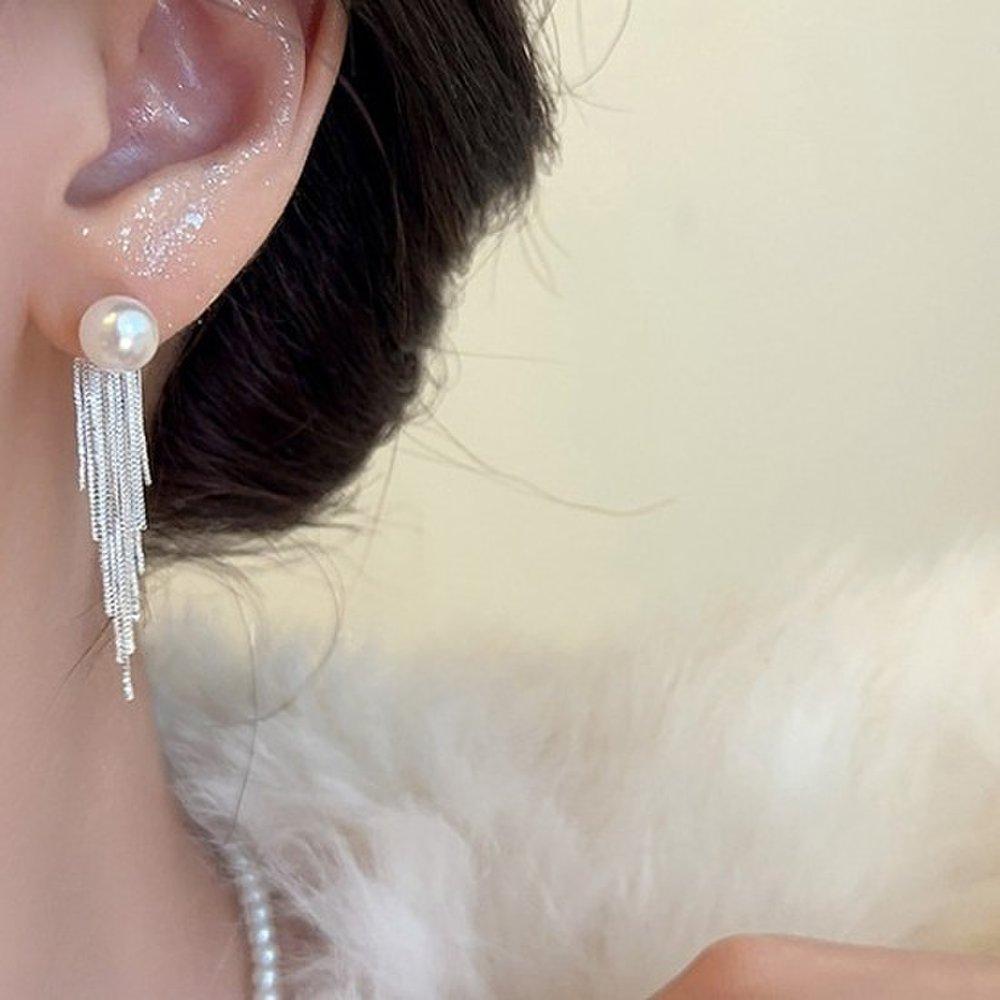 [Dijakso] Women's Elegant Pearl Earrings with Tassel [Silver Needle]