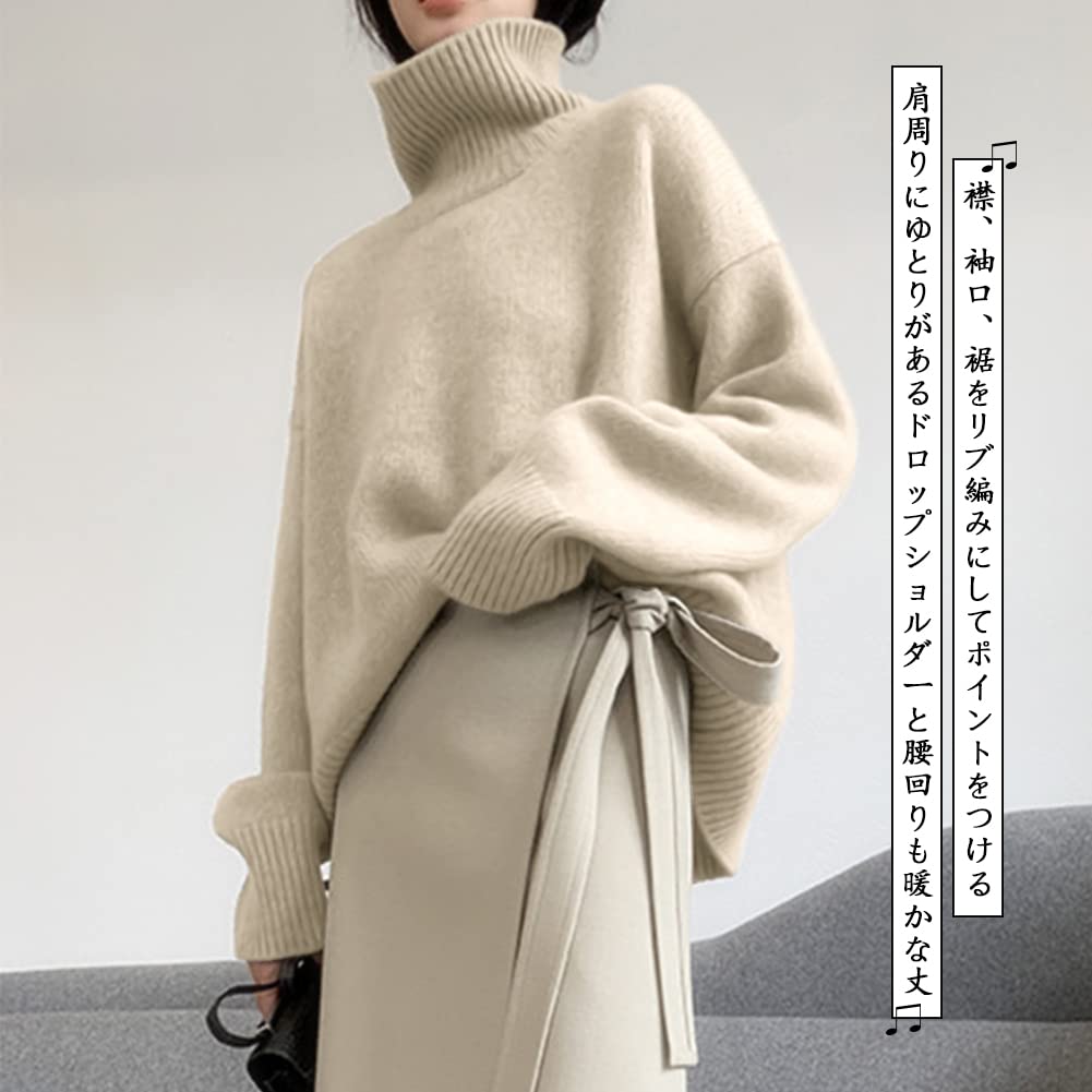 Bidason Evolved Knit Ribbed Drop High Ribbed Loose Long Casual Top for Fall and Winter Women's Sweater, Turtleneck, Shoulder, Neck, Pullover, Fit,