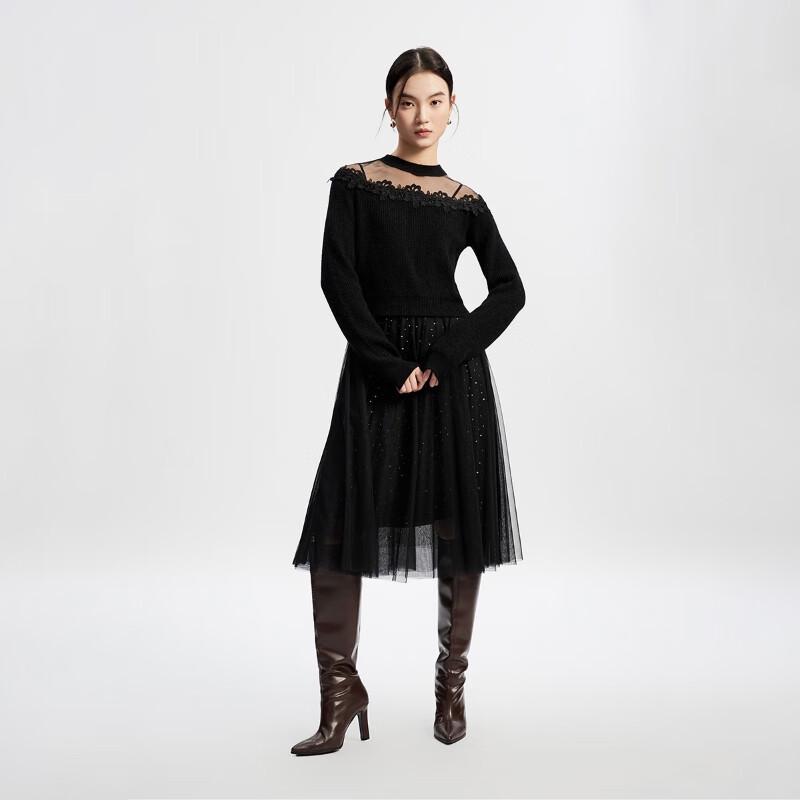 Veromoda Damska dzianinowa sukienka swetrowa z okrągłym dekoltem, z siateczkowymi wstawkami patchworkowymi