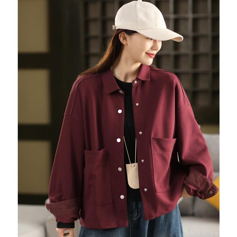 DIMANAF 2025 Mantel Kurze Jacke Damen Baumwolle Uni Langarm Basic Taschen Mode Oberteile T-Shirts Locker Neue