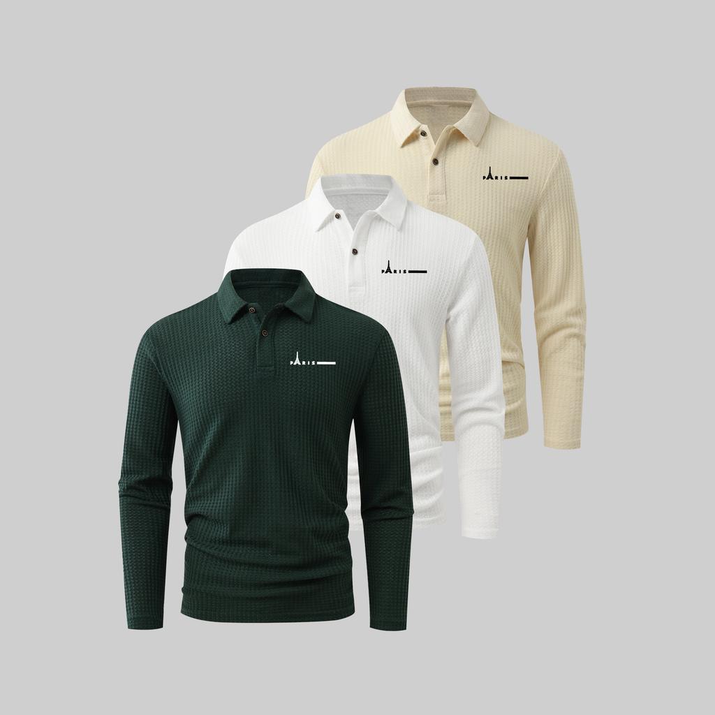 Men's Long-Sleeve Polo Shirts—Casual Everyday Printed Polos, Moisture-Wicking Sports and Golf Shirts, Two-Button Collar Shirts (3-Pack)