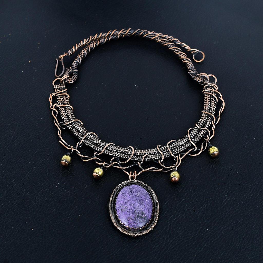 Purpurite 999 Copper Wire Wrapped Necklace, Handmade Gemstone Jewelry Necklace For Memorial Day