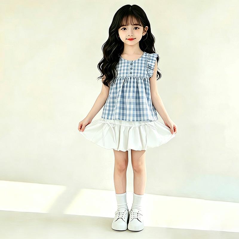 Girls Summer Plaid Two Piece Set Flutter Sleeve Doll Top And Bud Skirt Fashion Outfit For Big Kids