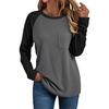 2026 Simple Round Neck Long Sleeve Patchwork T-Shirt Fashionable Pocket Casual Breathable Top
