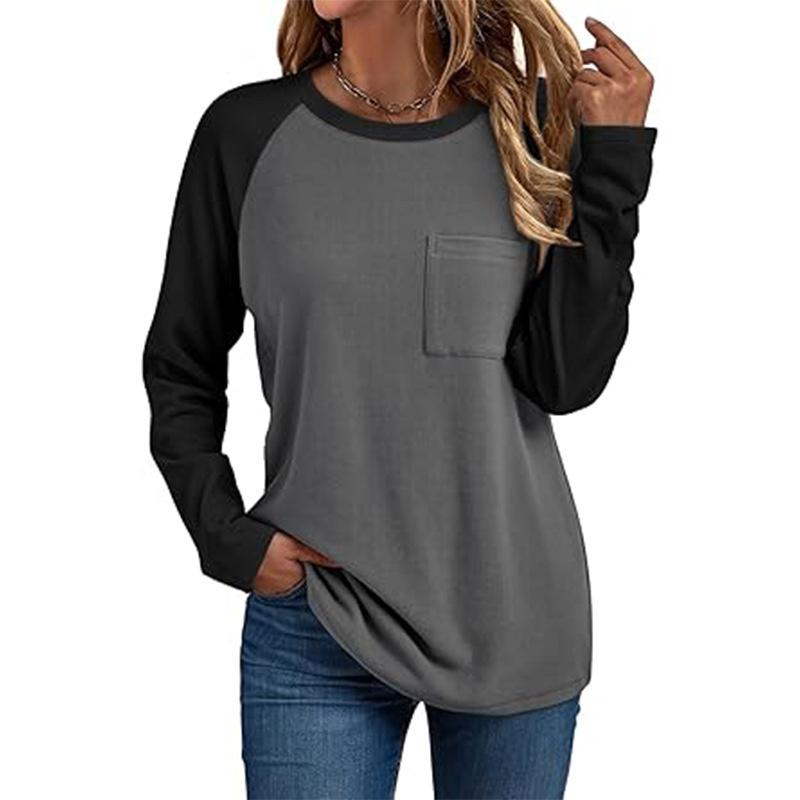 2026 Simple Round Neck Long Sleeve Patchwork T-Shirt Fashionable Pocket Casual Breathable Top