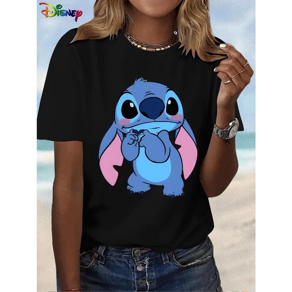 New Fashionable Disney Stitch Women's Casual Elegant T-shirt Cute Cartoon Printed Short Sleeve Harajuku Top Plus Size Shirt