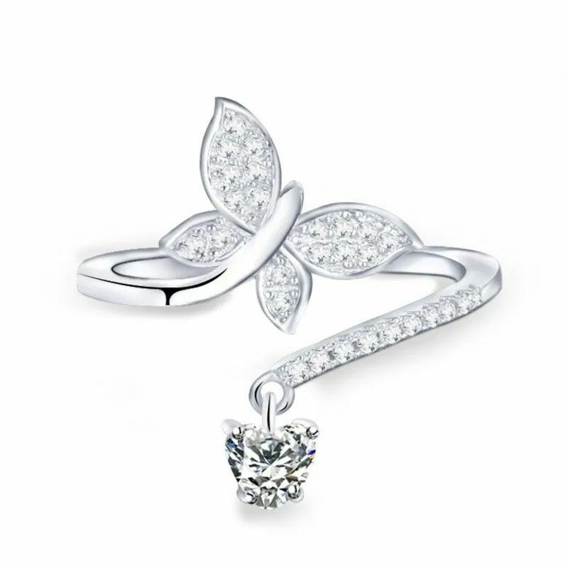 2026 New European and American Elegant Butterfly Ring with Personalized Adjustable Opening Design Sweet Love Pendant Zircon resizable
