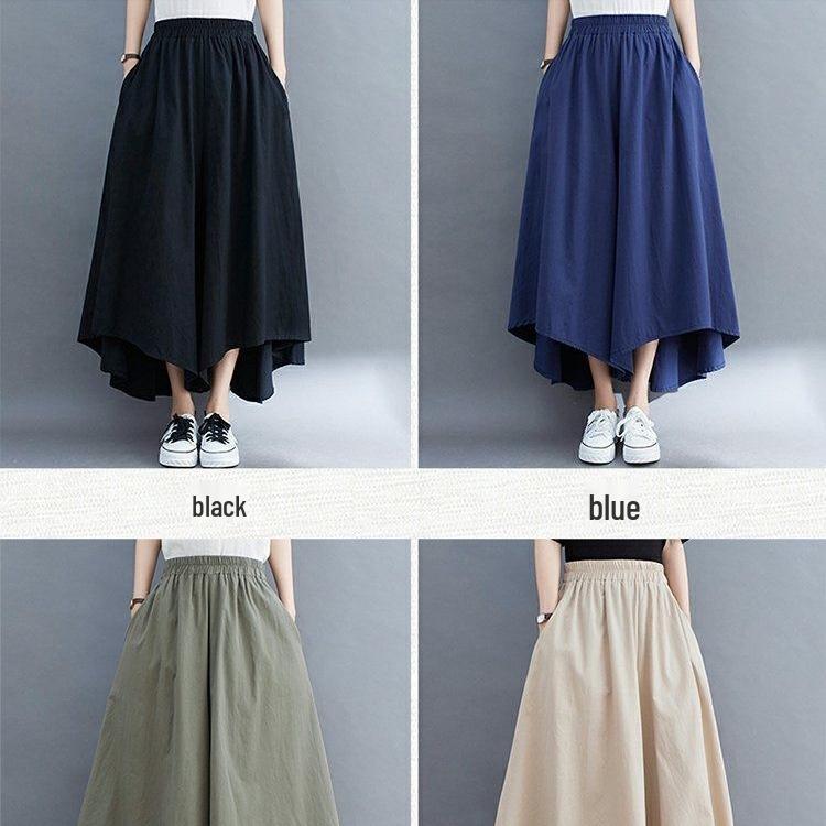 Plus Size Women's Loose Nine-Tenths Pants Skirt: Summer Slimming Irregular Wide-Leg with Pockets