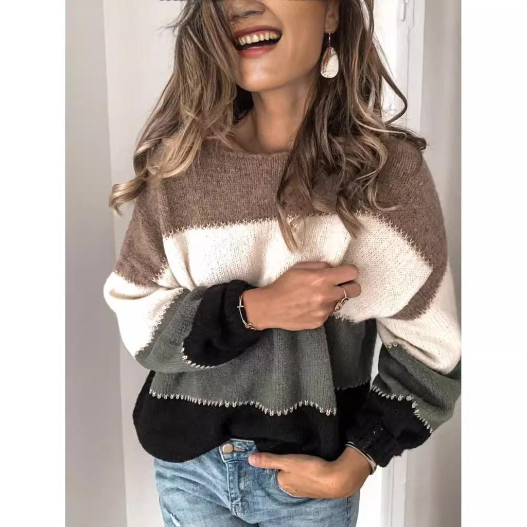 2025 Spring New Sweater Color Matching New Round Neck Medium and Long Loose Knitted Large Size Sweater