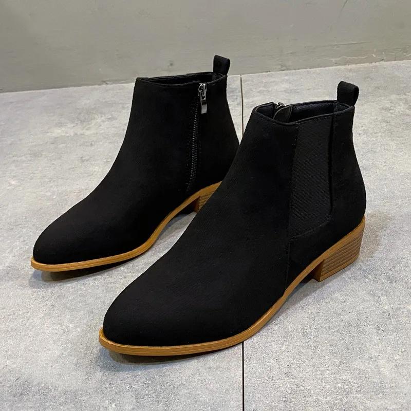 Women's Natural PU Leather Elastic Splice Slip-on Flats Fall Ankle Boots Square Toe Casual Short Chelsea Boots Shoe Hot