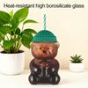 Copo de Transição Yousheng Formato Urso com Tampa de Canudo 500ml Copo de Vidro Resistente ao Calor Reutilizável Copo Frio para Café Gelado Chá de Leite